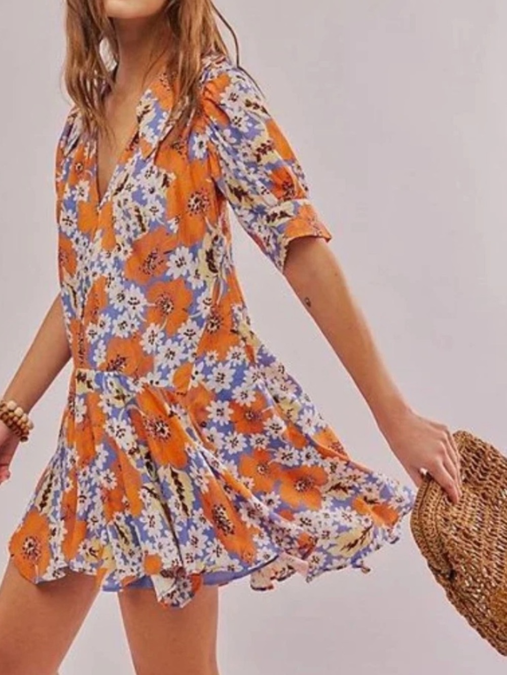 Free People Sugar Crush Floral V-Neck Short Sleeve Tunic Dress in Orange - Picture 2 of 13